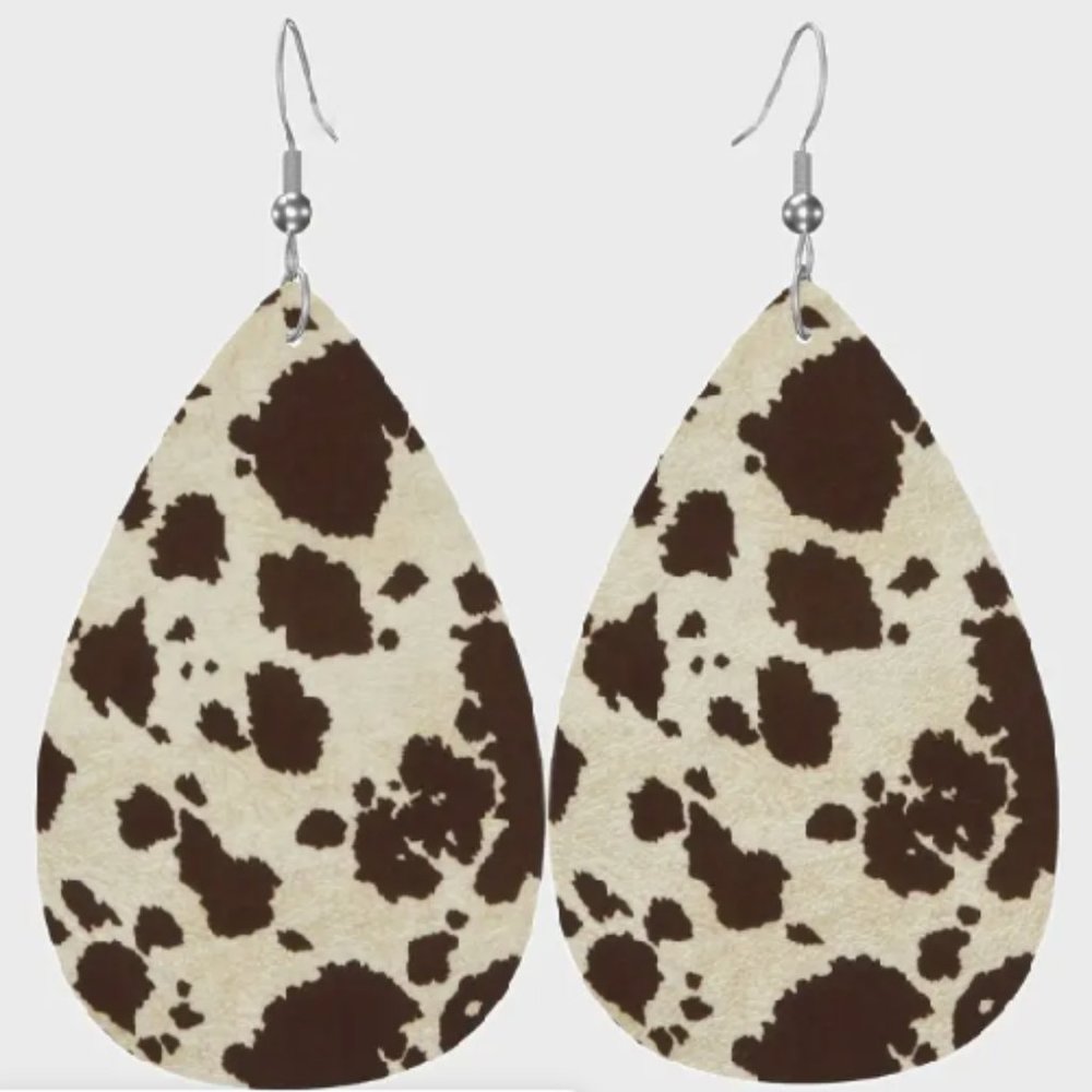 Brown Cow Print Faux Leather Dangle Drop Earrings